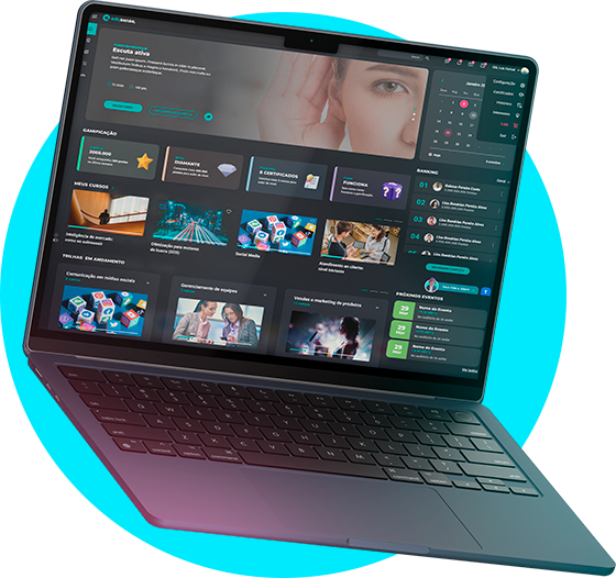 Laptop mostrando a plataforma LXP com conteúdos de aprendizagem